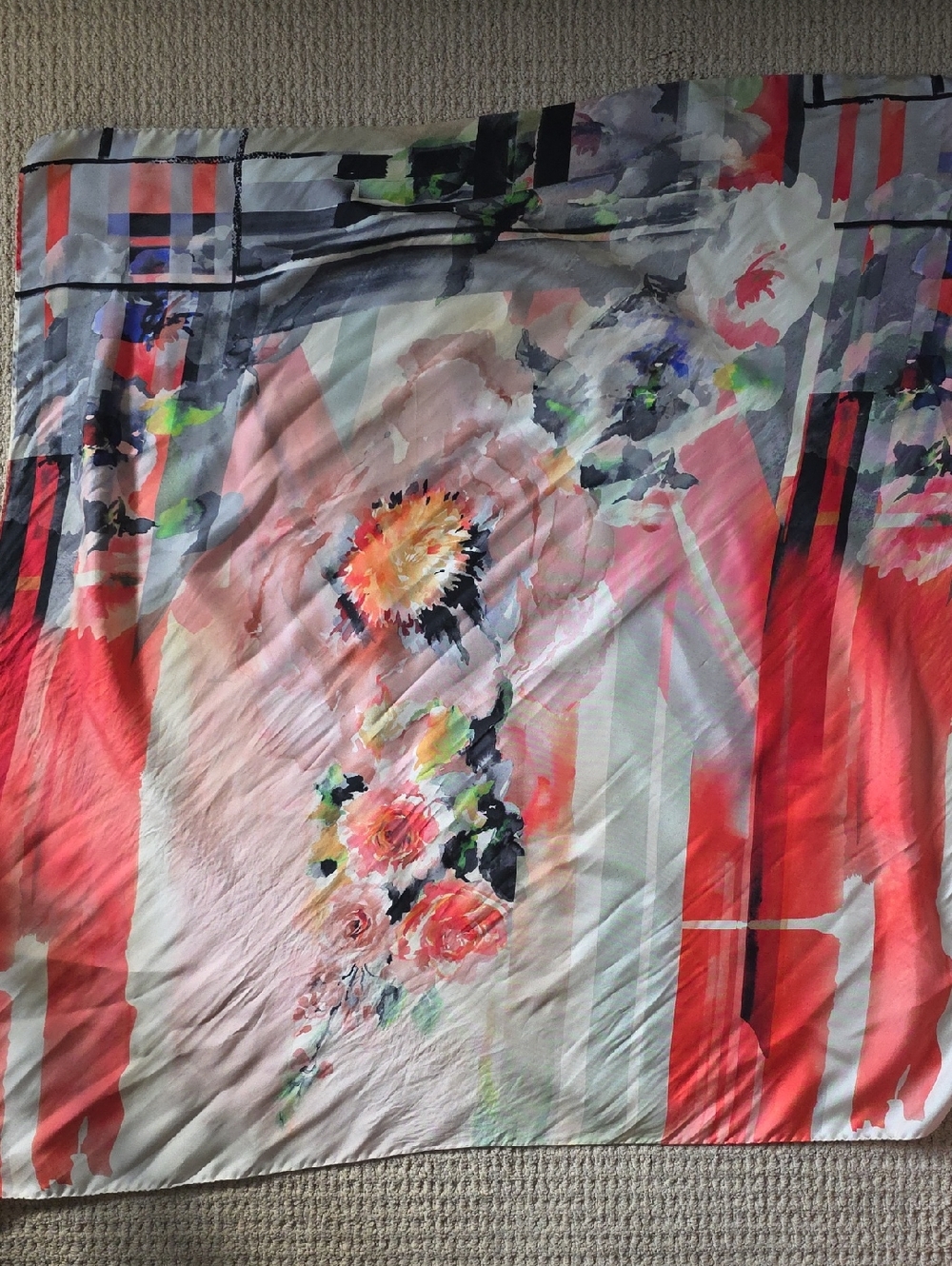 Floral Watercolor Silk Scarf in Coral, Pink & Cream